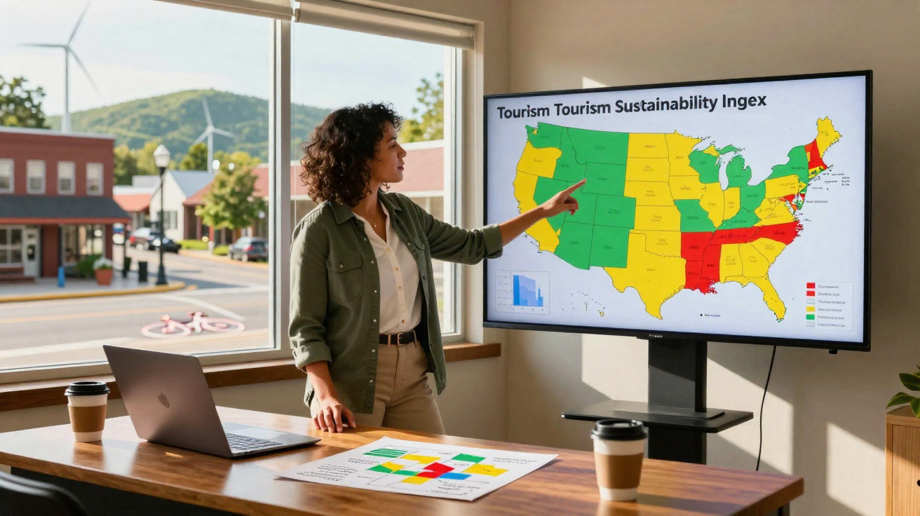 Mulher aponta para ecrã com mapa colorido dos EUA sobre sustentabilidade no turismo, em sala de reunião.