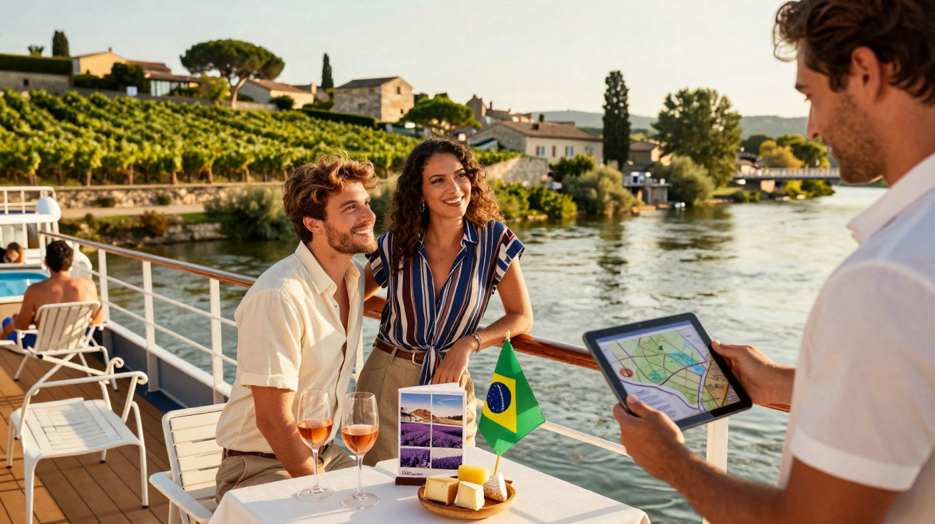 Casal feliz num barco à beira rio, com bebidas, queijo e guia turístico a mostrar mapa num tablet.
