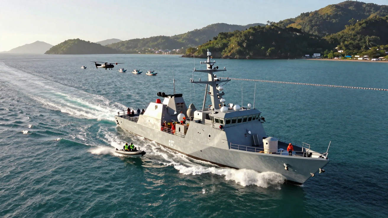 Navio militar a alta velocidade no mar, acompanhado por bote rápido e helicóptero, com ilhas ao fundo.