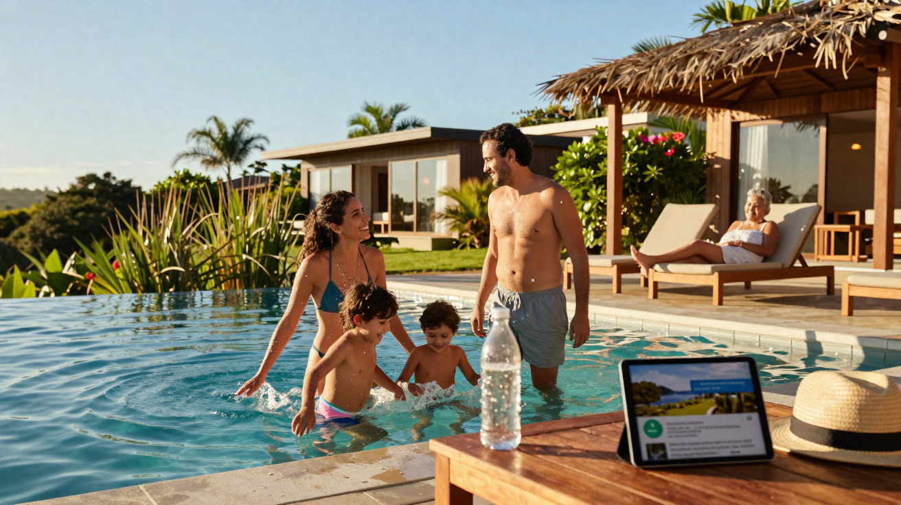 Família feliz a brincar numa piscina exterior de uma casa moderna com jardim e ambiente tropical.