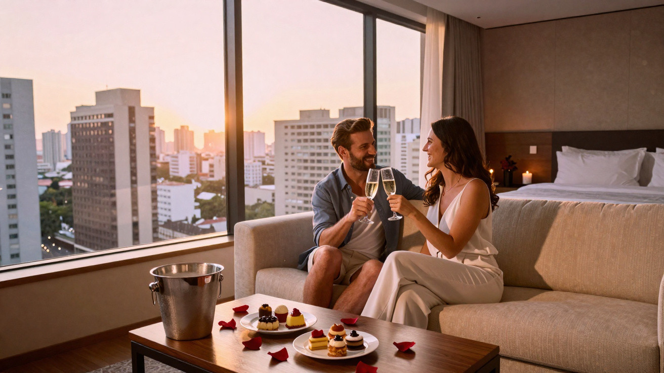 Casal a brindar com champanhe numa sala moderna com vista para a cidade ao pôr do sol.