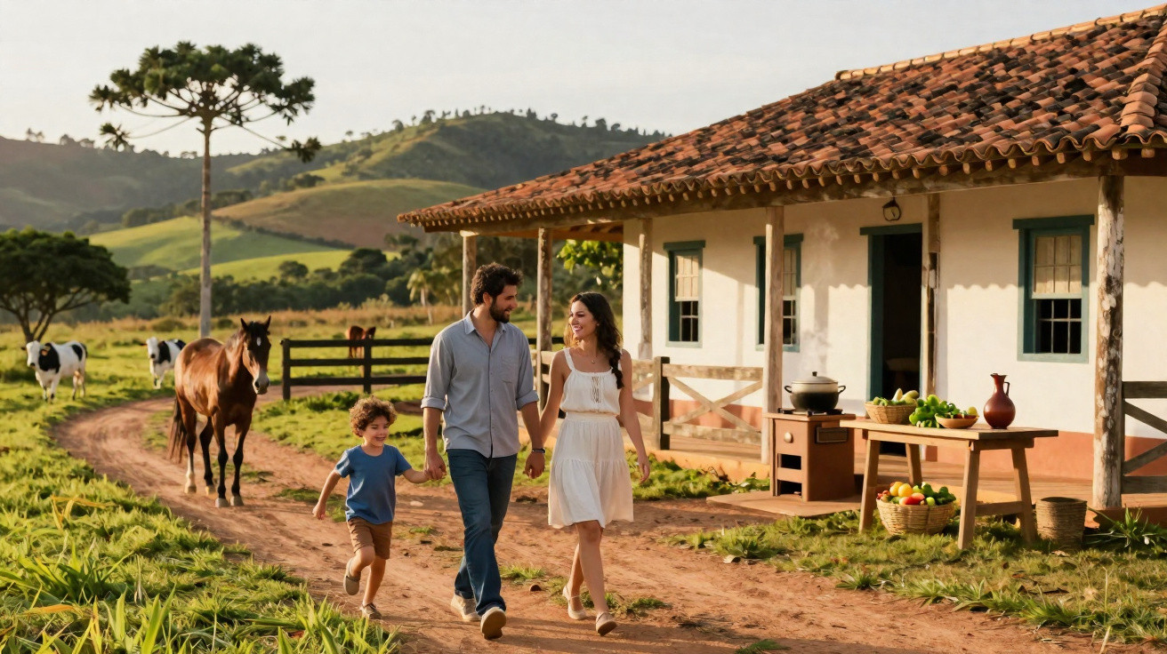 Família feliz a passear numa quinta rural com cavalo, vacas e montanhas ao fundo numa tarde soalheira.