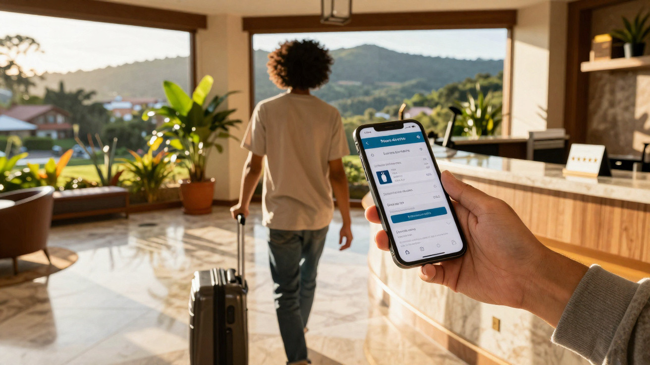 Pessoa a caminhar num hall de hotel com mala de viagem, enquanto outra segura um telemóvel com app de reservas aberta.