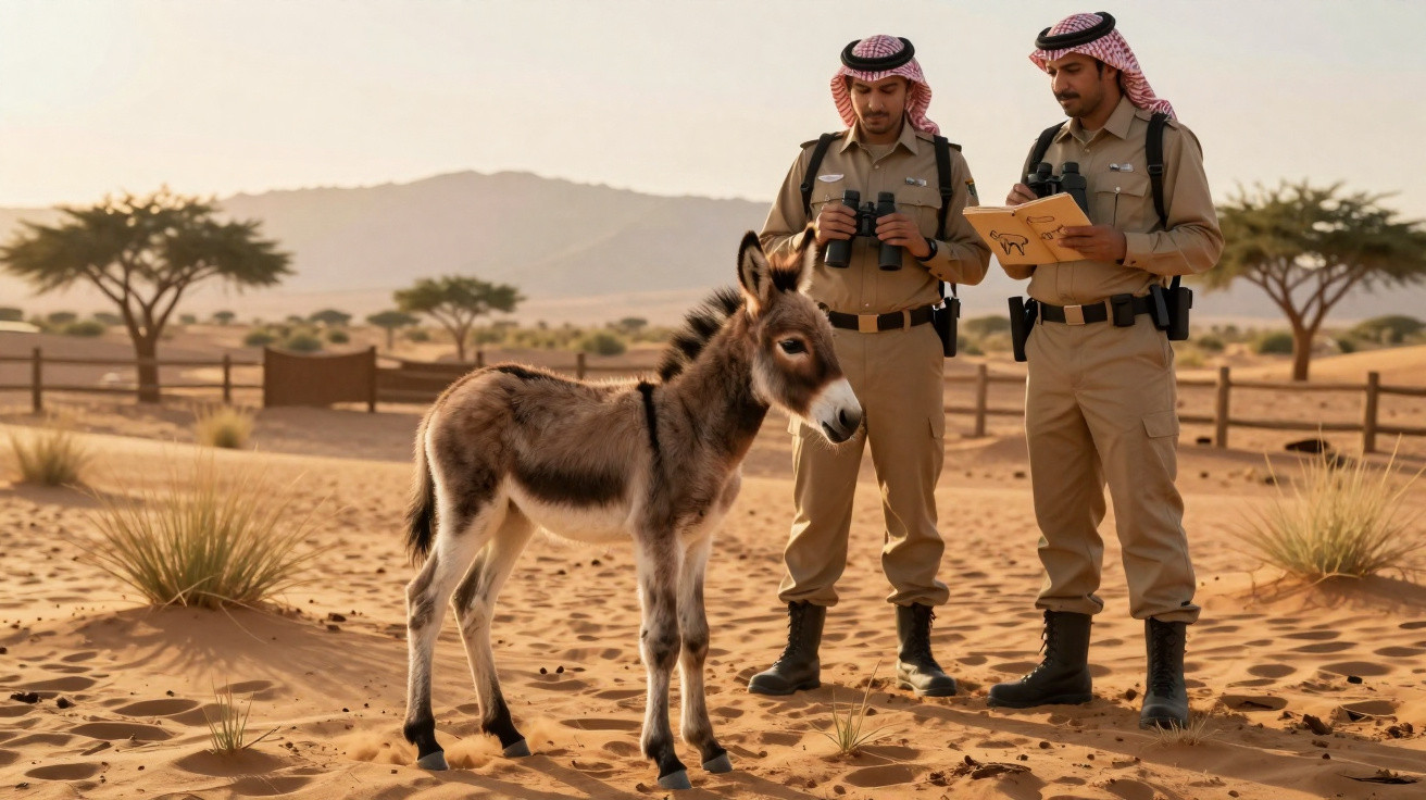Dois homens com vestes tradicionais e binóculos observam um burro jovem num deserto com vegetação dispersa.