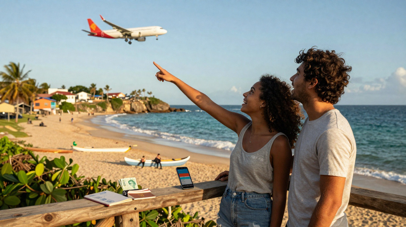 Casal observa e aponta para avião a voar sobre uma praia com casas e mar ao fundo ao entardecer.