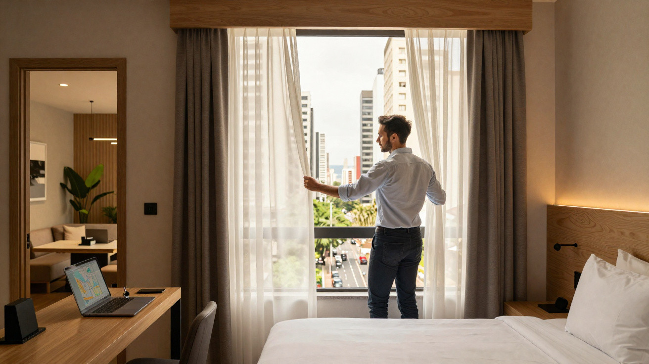 Homem abre cortinas de vidro num quarto de hotel moderno com vista para avenida na cidade.