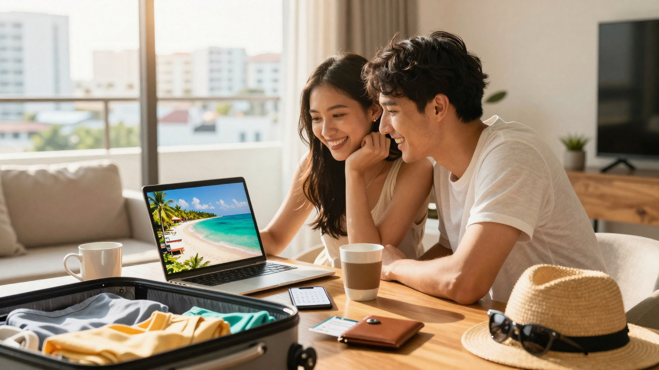 Casal jovem planeando férias, com mala aberta, computador e objetos de viagem numa mesa interior.
