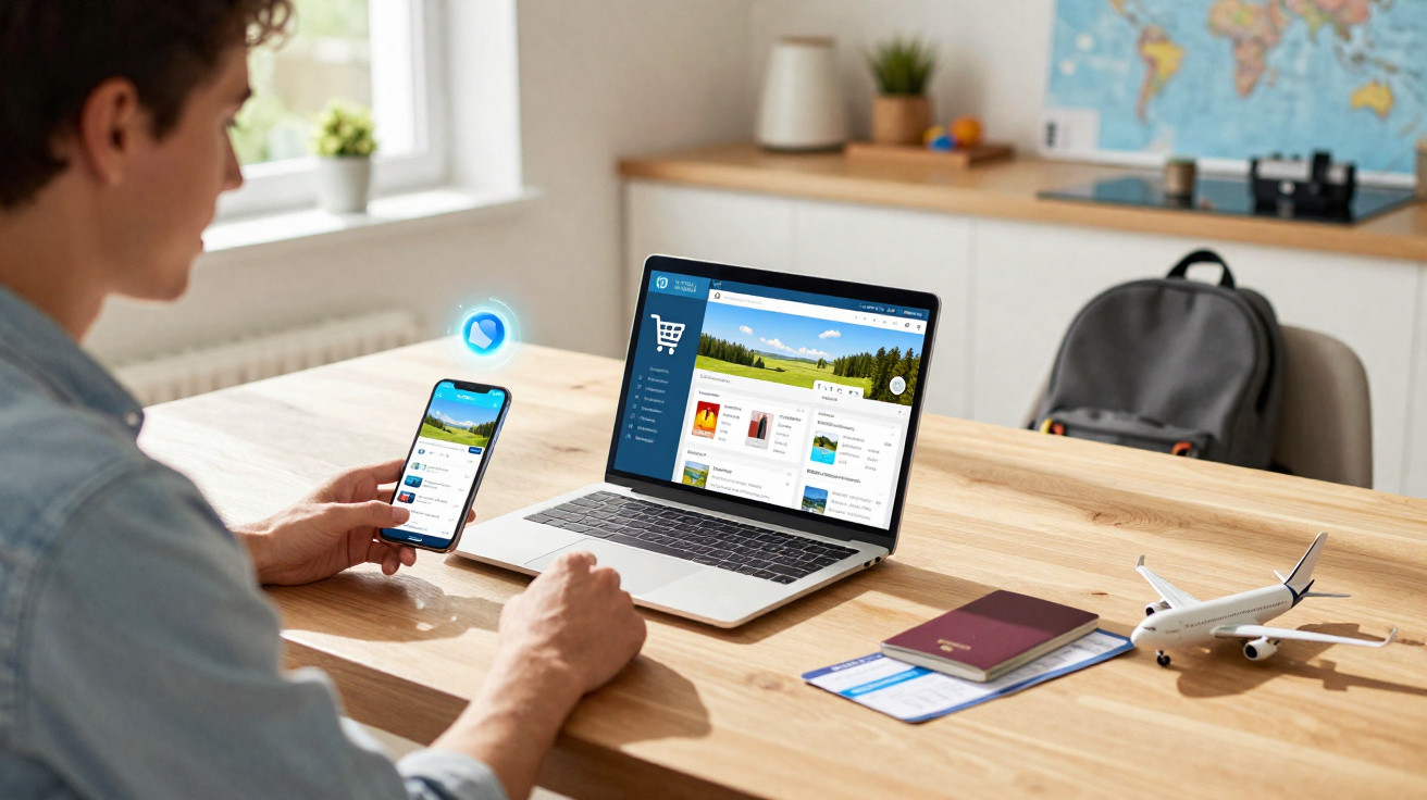 Pessoa a usar telemóvel e computador portátil para reservas de viagem, com passaporte, bilhetes e miniatura de avião na mesa.