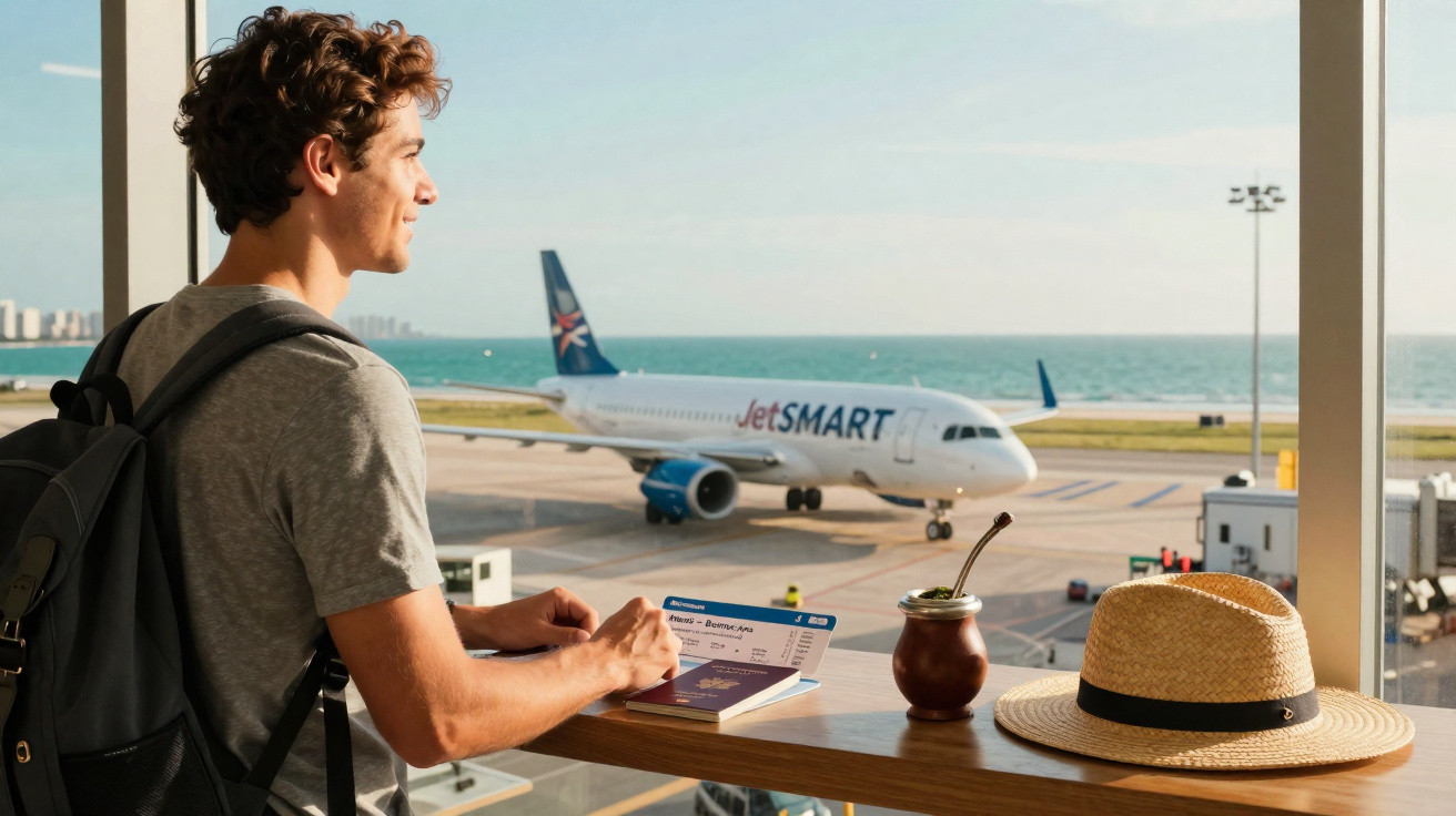 Jovem com mochila espera junto a janela de aeroporto, com bilhete, passaporte, chapéu e chimarrão na mesa, avião ao fundo.