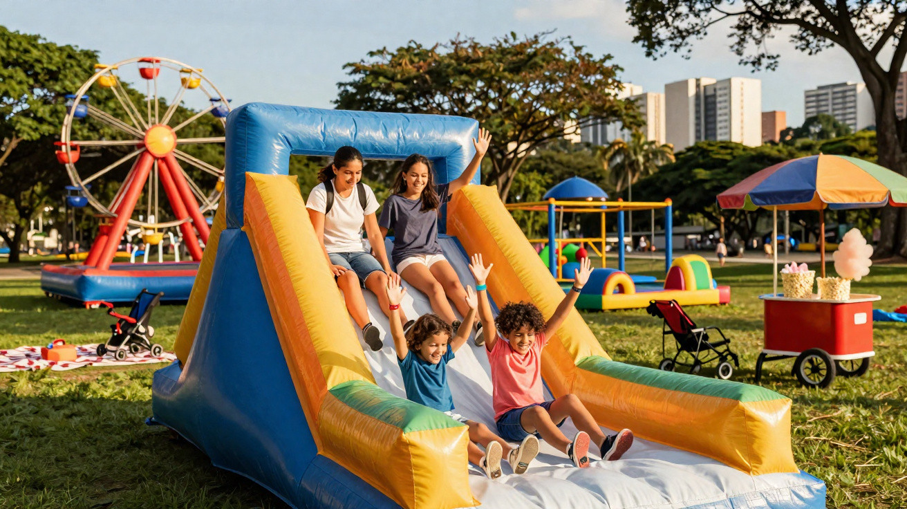 Crianças a deslizar num insuflável colorido num parque com roda gigante e carrinho de pipocas ao fundo.