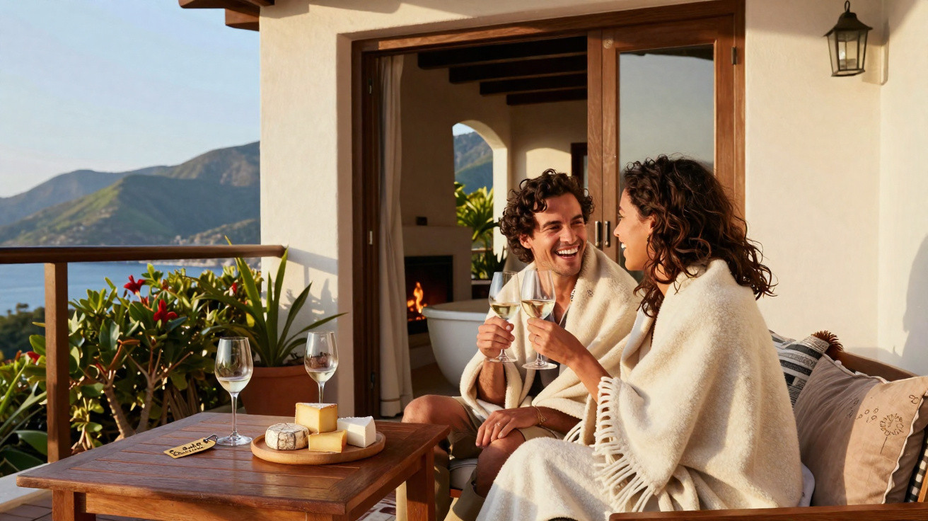 Casal coberto com mantas brinda com vinho branco numa varanda com vista para montanhas e mar ao pôr do sol.