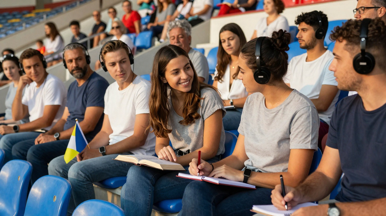Grupo de jovens com auscultadores sentados em arquibancada a estudar e conversar em ambiente descontraído.