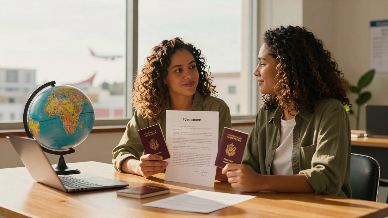 Duas mulheres a segurar passaportes e documento, sentadas à mesa com globo terrestre e computador portátil.