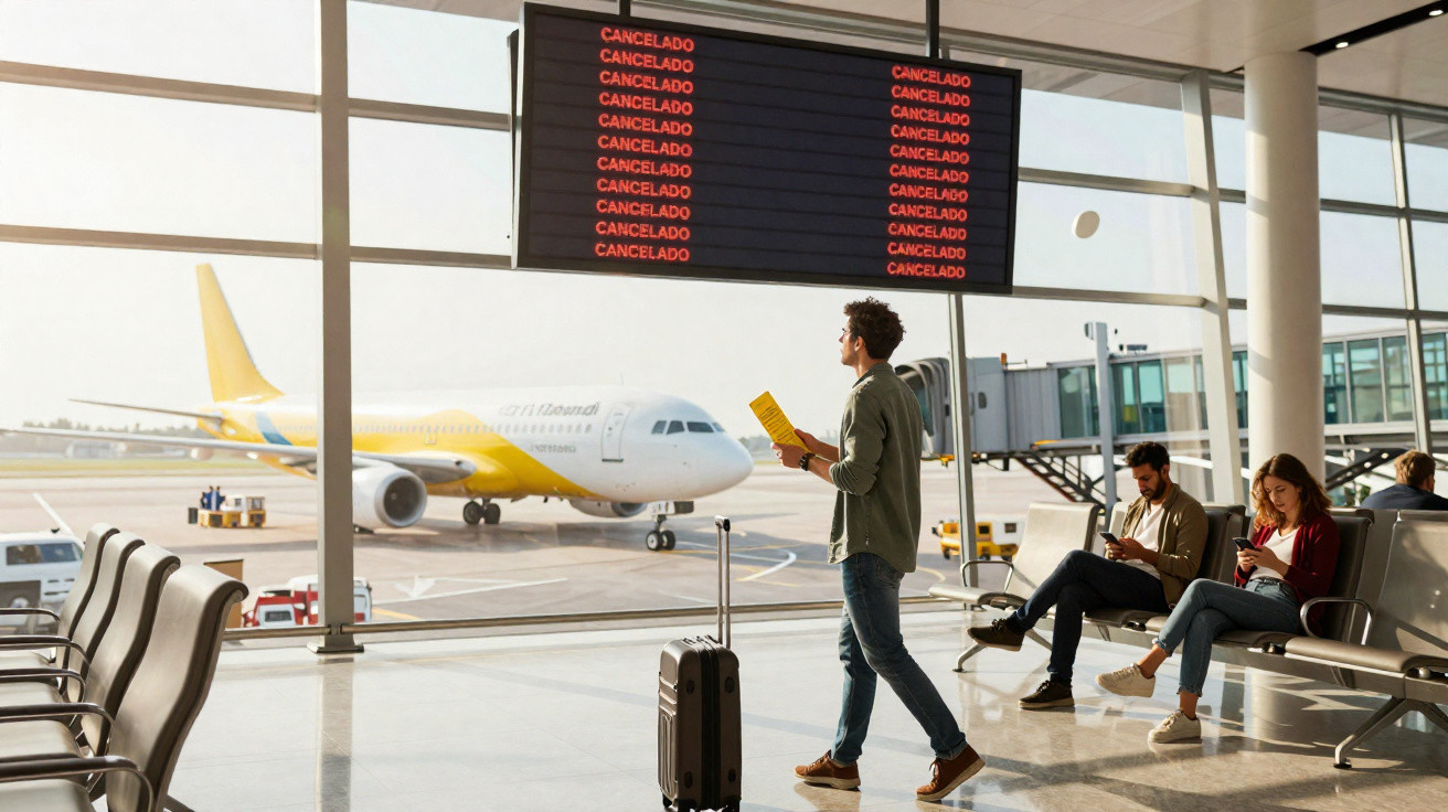 Homem com mala observa painel com múltiplos voos cancelados numa sala de espera de aeroporto.