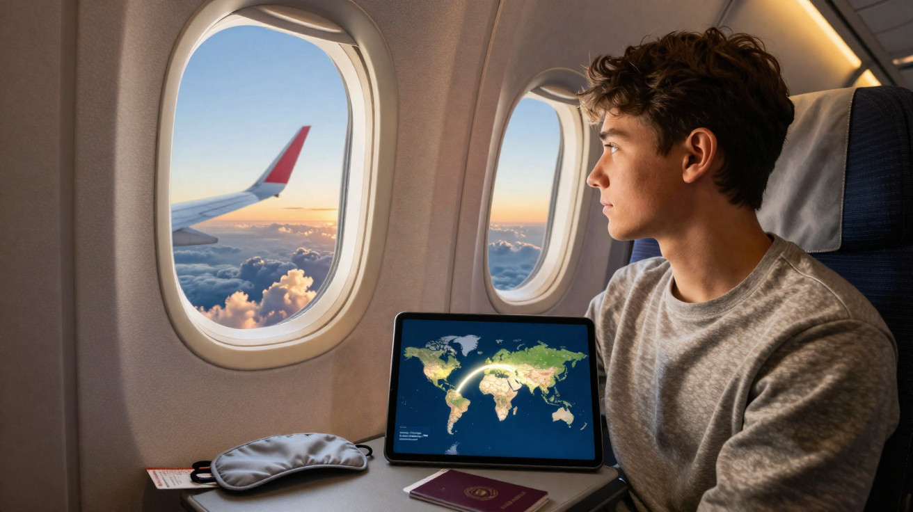 Jovem sentado numa avião a olhar pela janela, com mapa de viagem no ecrã de um tablet à sua frente.