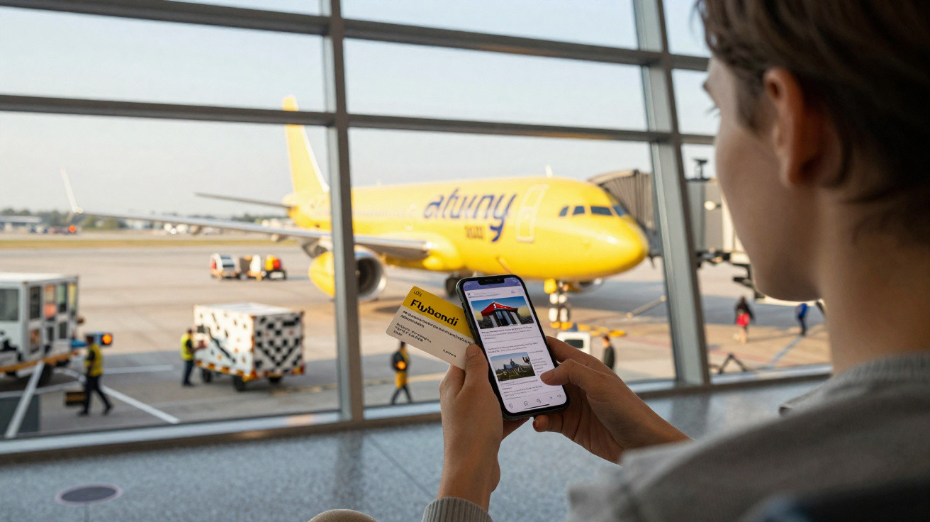 Pessoa no aeroporto segurando bilhete de avião e telemóvel, com avião amarelo da companhia Atuny visível pela janela.