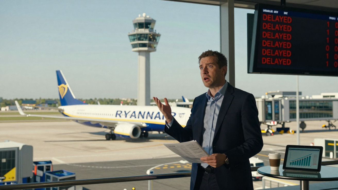 Homem de fato em aeroporto com avião Ryanair e painel de voos atrasados ao fundo.