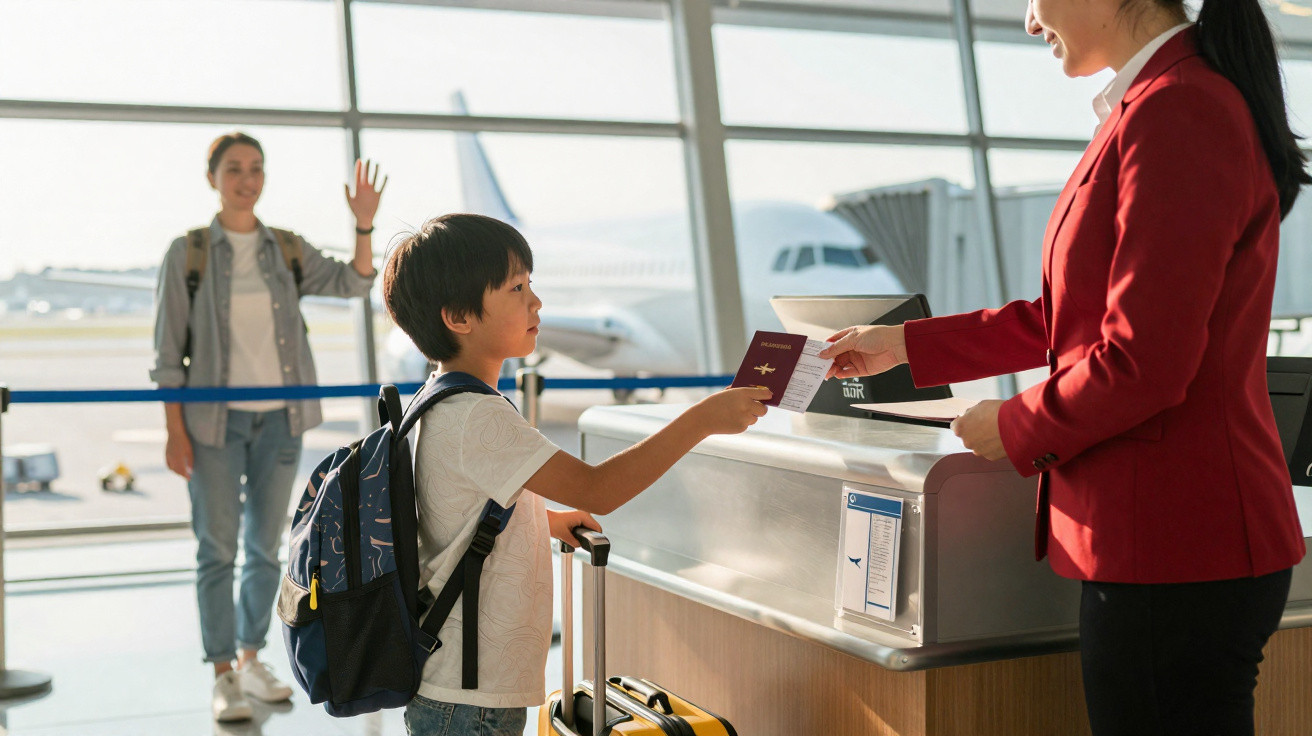 Criança entrega passaporte a funcionária no balcão do aeroporto, com mãe ao fundo acenando.