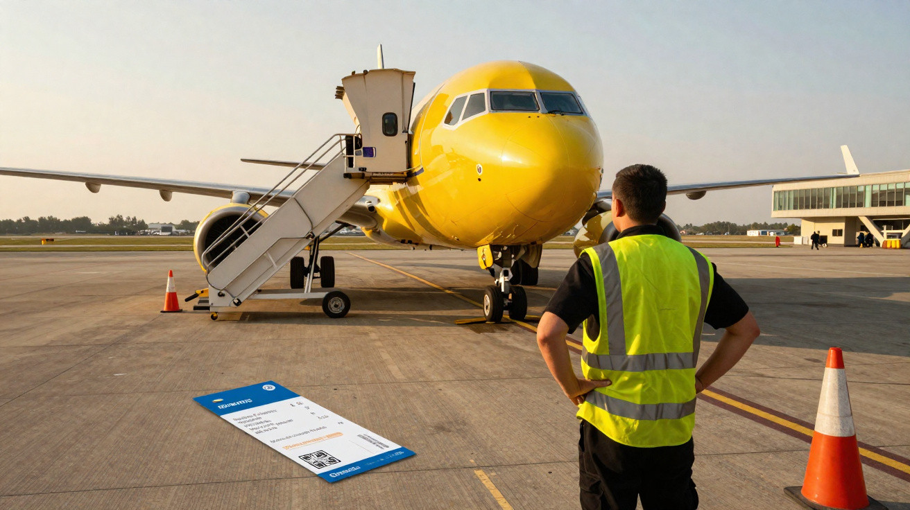 Funcionário de aeroporto de colete amarelo observa avião amarelo estacionado em pista durante pôr do sol.