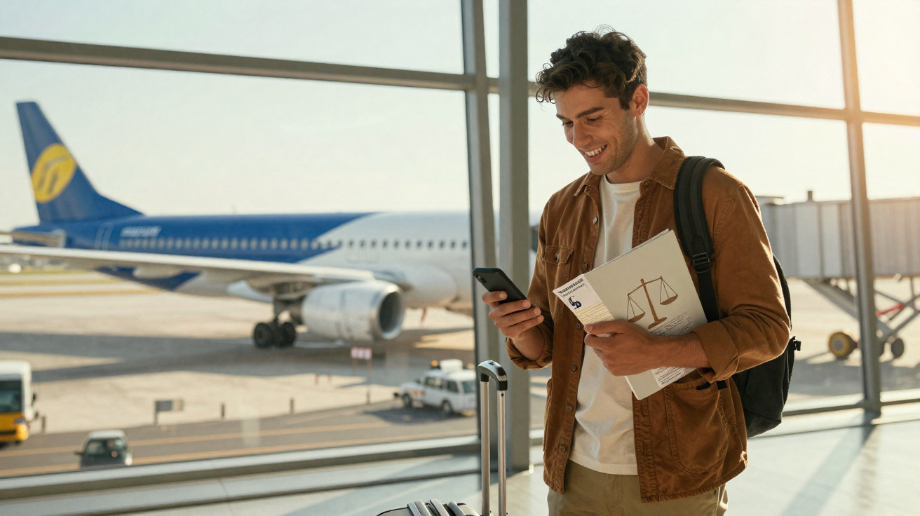 Homem sorridente com mochila e documento na mão verifica telemóvel no aeroporto junto a janela com avião no exterior.