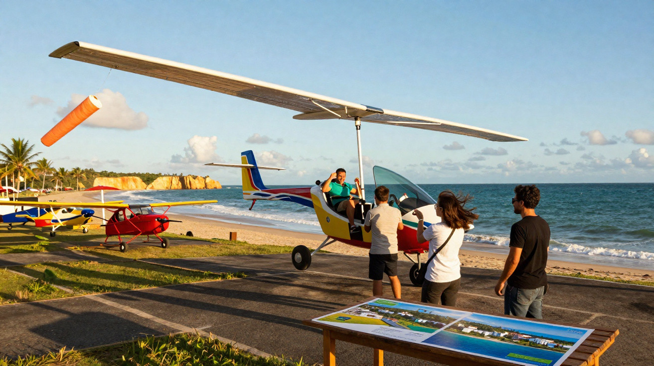 Aviões ultraleves estacionados perto da praia com pessoas a interagir num dia ensolarado.