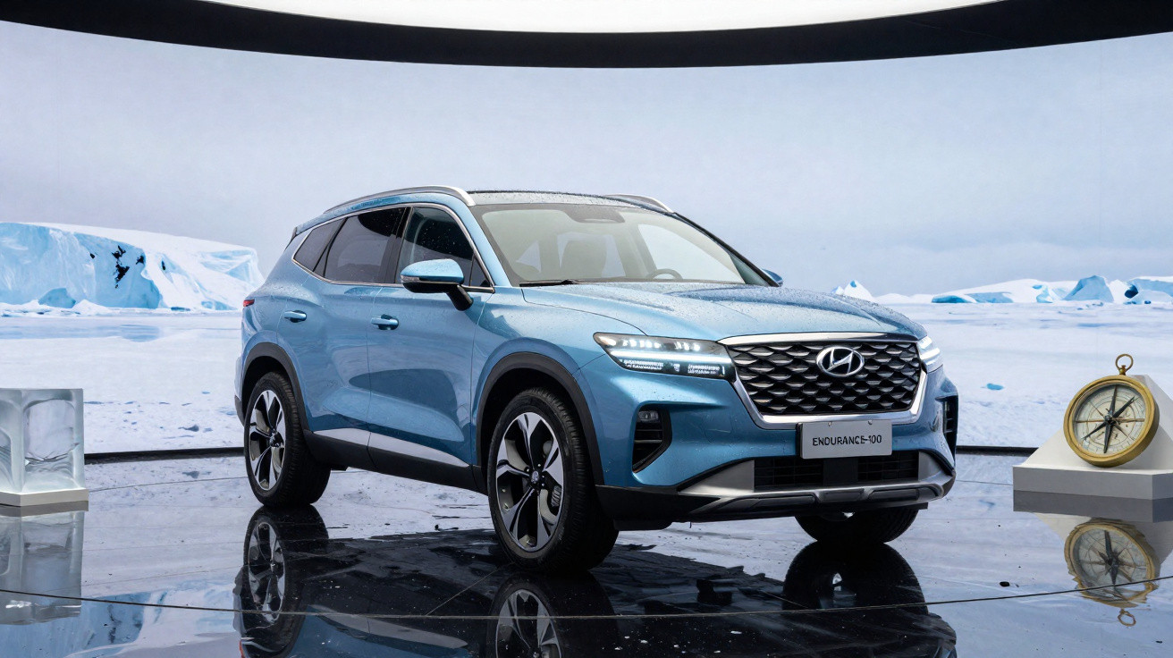 Automóvel Hyundai Endurance 500 azul exposto em ambiente moderno com cenário de icebergues ao fundo.