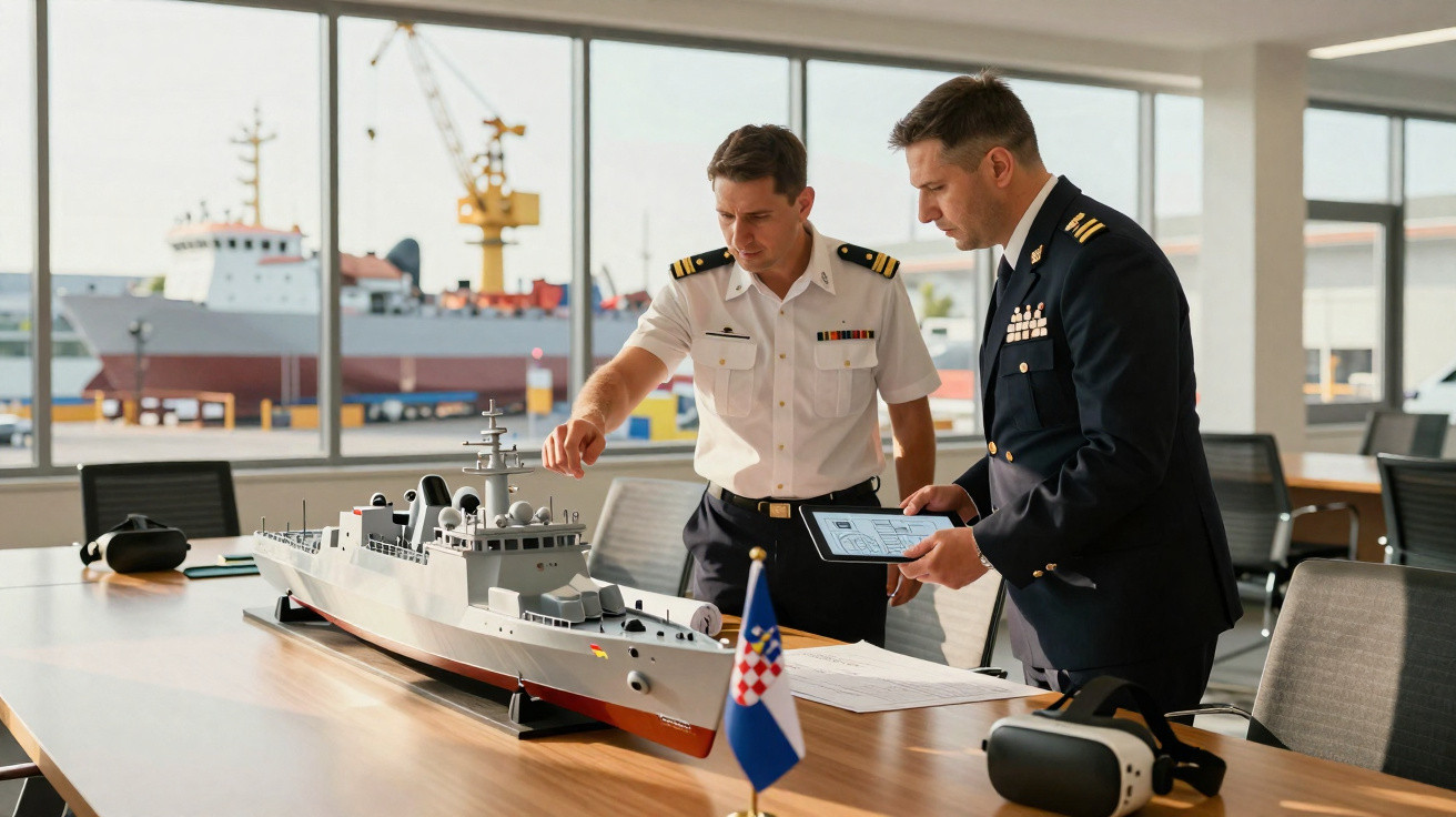 Dois oficiais navais a analisar uma maqueta de navio de guerra numa sala com janelas e vista para o cais.