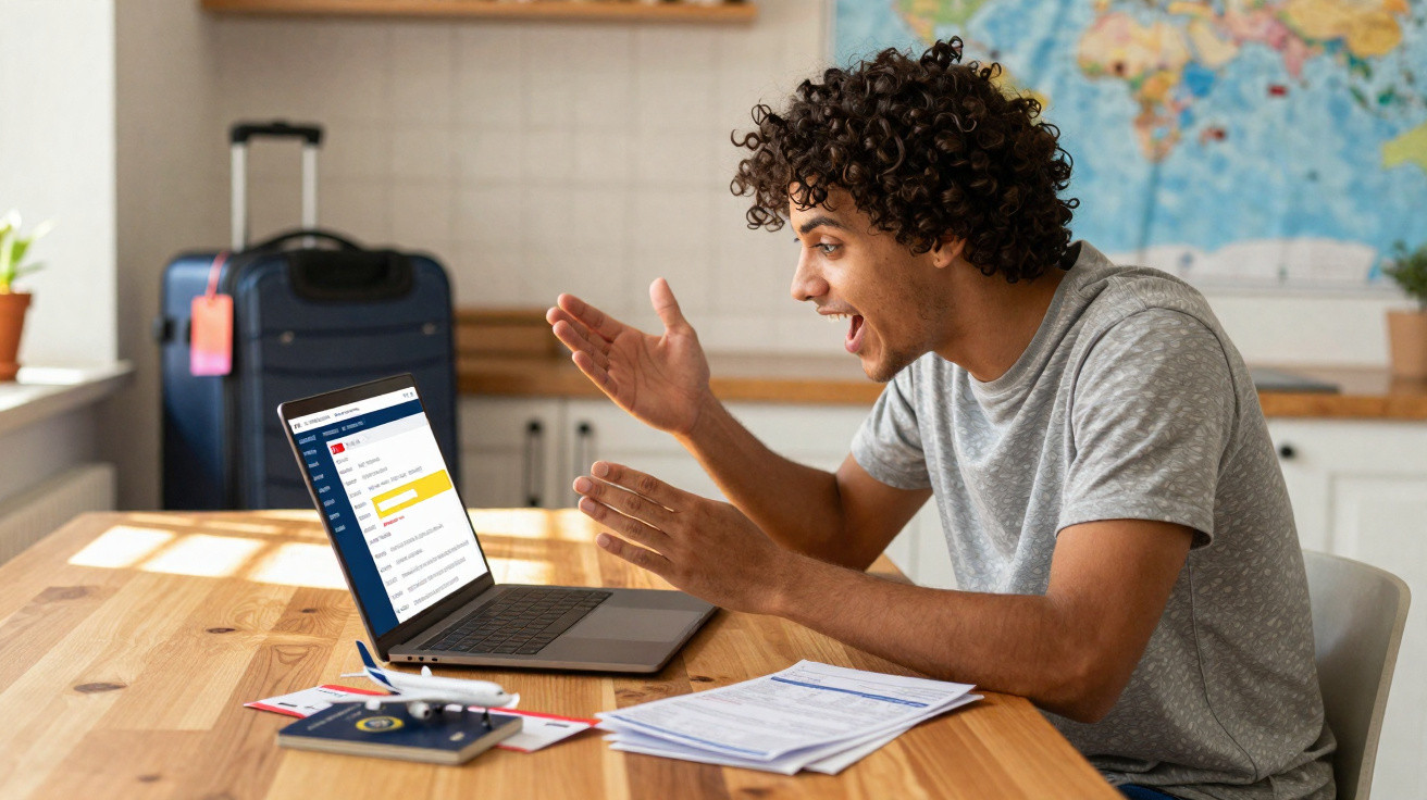 Jovem entusiasmado a reservar viagem online num portátil, com mala, passaporte e documentos sobre mesa de madeira.