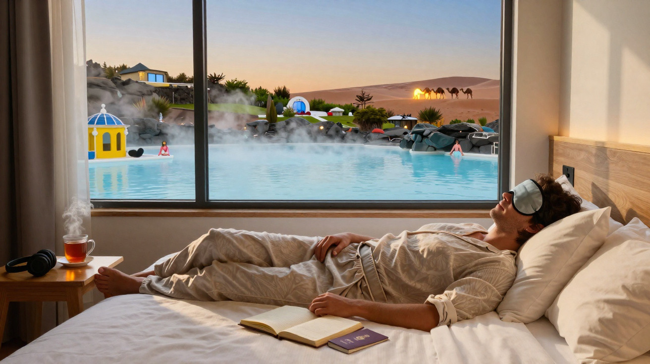 Homem deitado numa cama com máscara de dormir, janela grande mostra piscina termais e camelos ao pôr do sol.