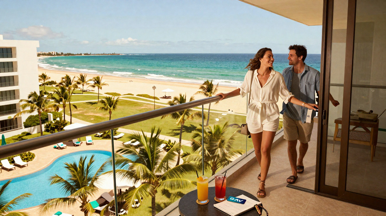 Casal feliz na varanda de hotel com vista para piscina, palmeiras e praia ensolarada.