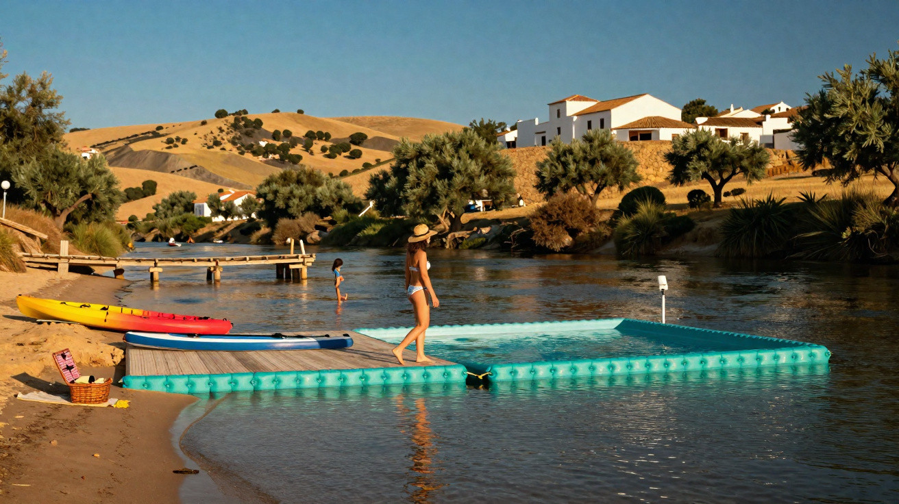 Crianças junto a piscina flutuante num rio com casas e colinas ao fundo em dia de sol.