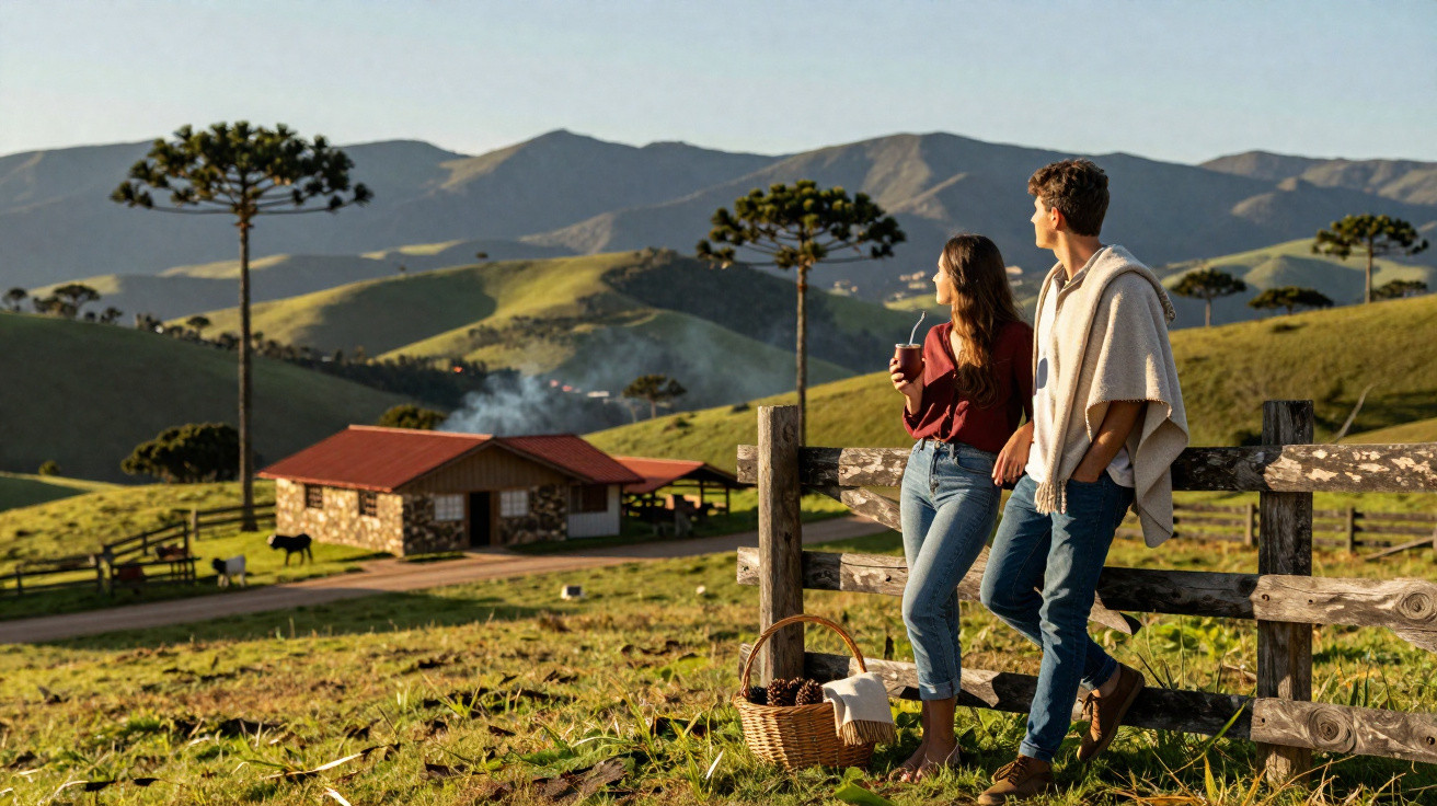 Casal com roupa casual observa paisagem rural com montanhas, árvores e casa de campo ao pôr do sol.