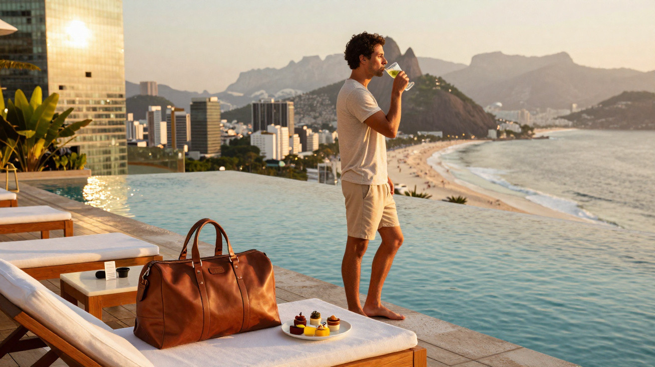Homem com roupa casual bebe do copo junto a piscina infinita com vista para cidade e praia ao pôr do sol.