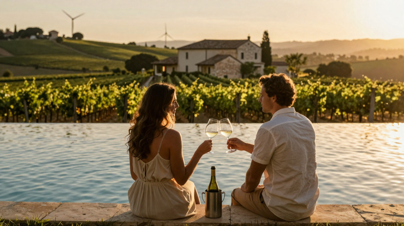 Casal a brindar com copos de vinho junto a uma piscina, com vinhas e moinho ao pôr do sol ao fundo.