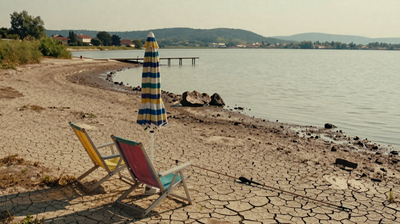 Duas espreguiçadeiras e um chapéu-de-sol numa praia seca e rachada junto a um lago calmo.