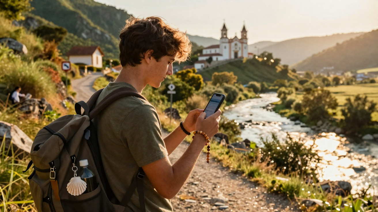 Jovem com mochila usa o telemóvel numa paisagem rural com rio e igreja ao fundo ao pôr do sol.