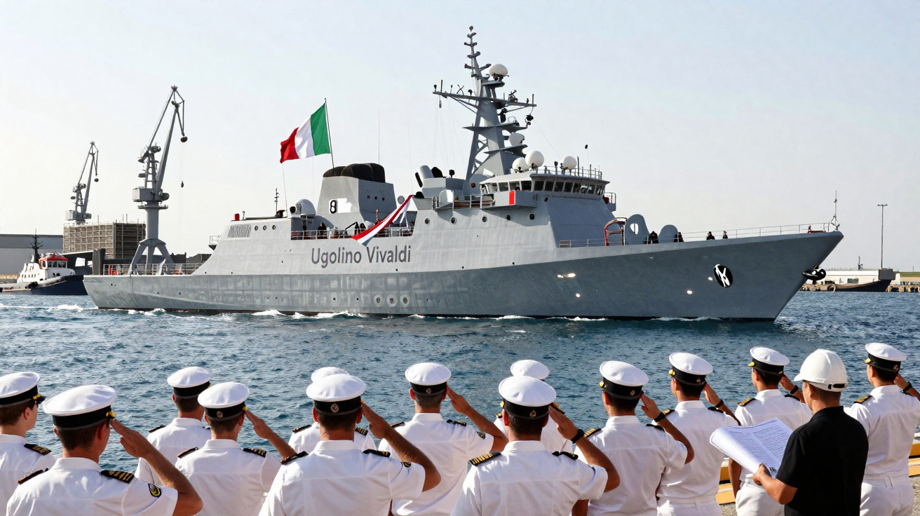 Marinheiros a cumprimentar navio militar italiano Ugolino Vivaldi em porto com guindastes ao fundo.