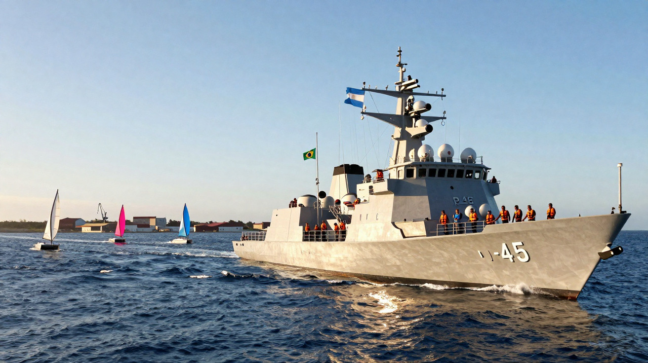 Navio militar cinzento com número 45 e pessoas com coletes salva-vidas navegando no mar com veleiros ao fundo.