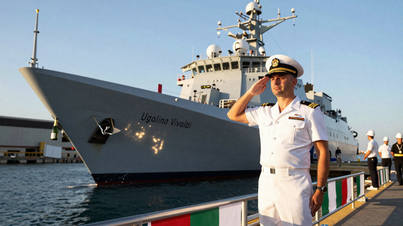 Oficial naval em uniforme branco a cumprimentar junto ao navio de guerra Ugolino Vivalai atracado no porto.