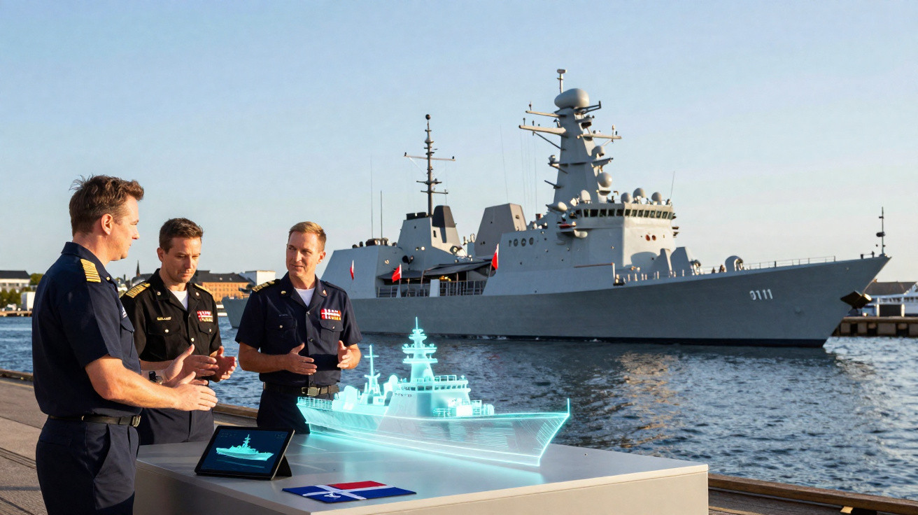 Três militares discutem com um modelo holográfico de navio naval, com um navio real atracado ao fundo.