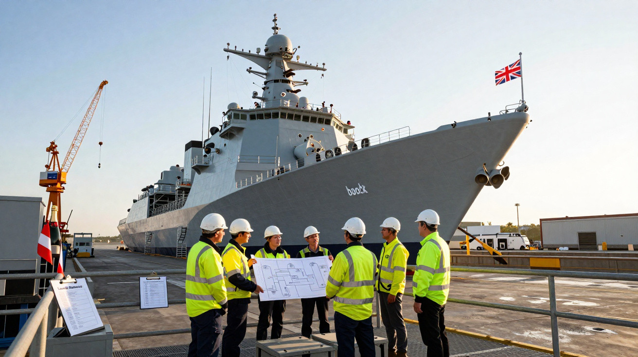 Equipa de trabalhadores com capacetes e coletes reflectores discute projeto junto a grande navio militar atracado no porto.