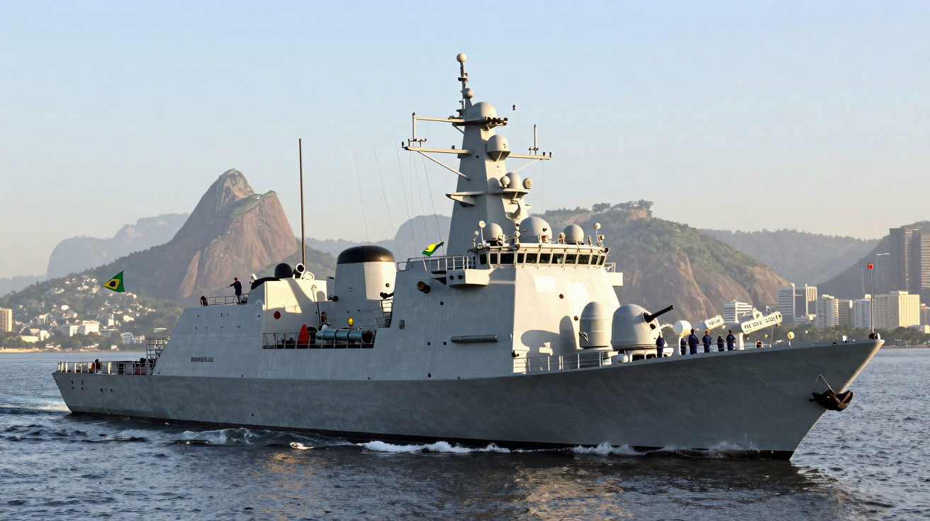 Navio de guerra brasileiro a navegar com montanhas e cidade ao fundo durante o dia.