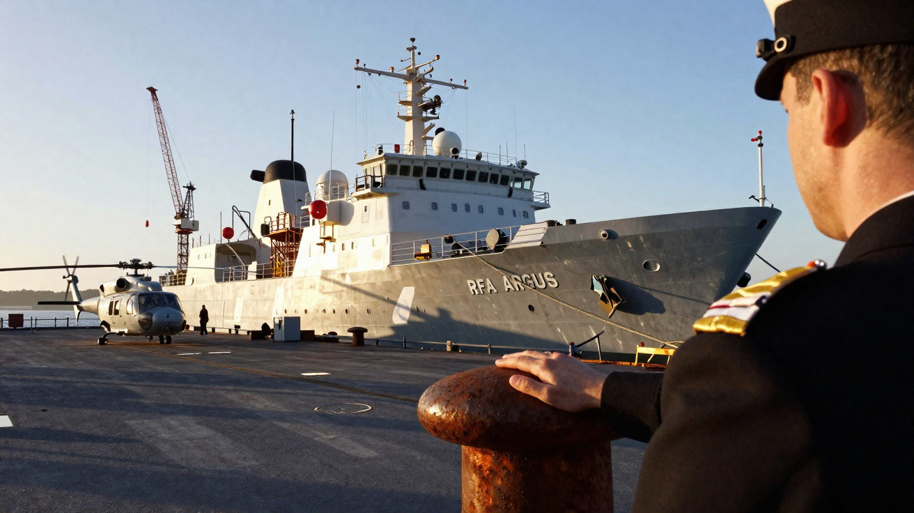 Homem fardado observa navio militar RFA Argus atracado com helicóptero no cais ao pôr do sol.