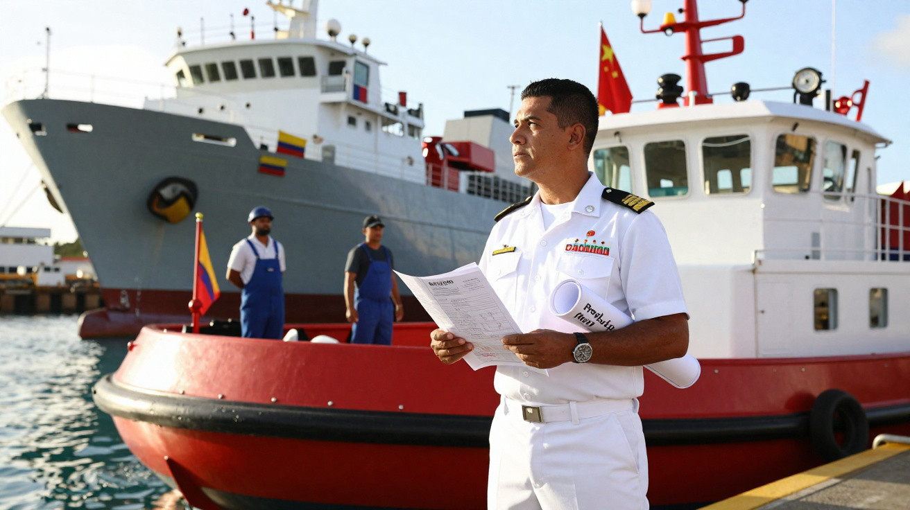 Homem em uniforme naval com documentos junto a um navio e um barco salva-vidas no porto ao entardecer.