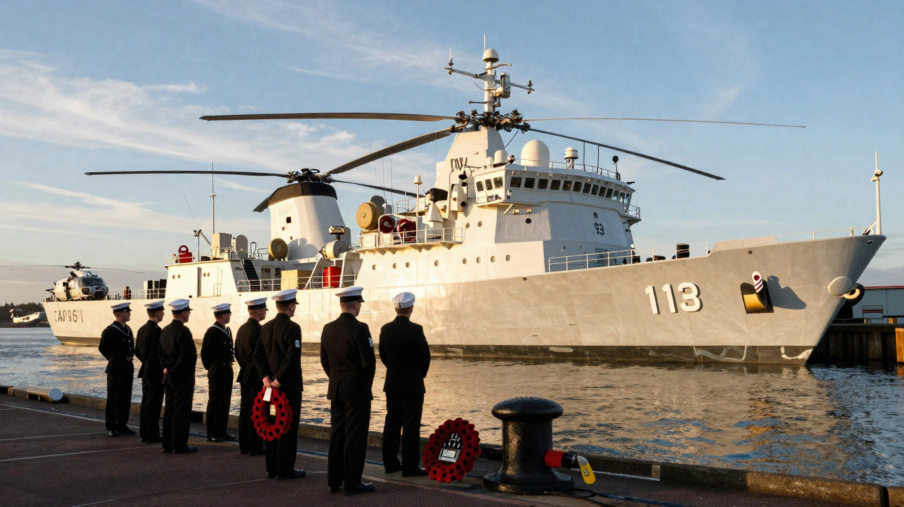 Tripulação naval em fila no cais com navios militares ancorados ao fundo sob céu limpo.