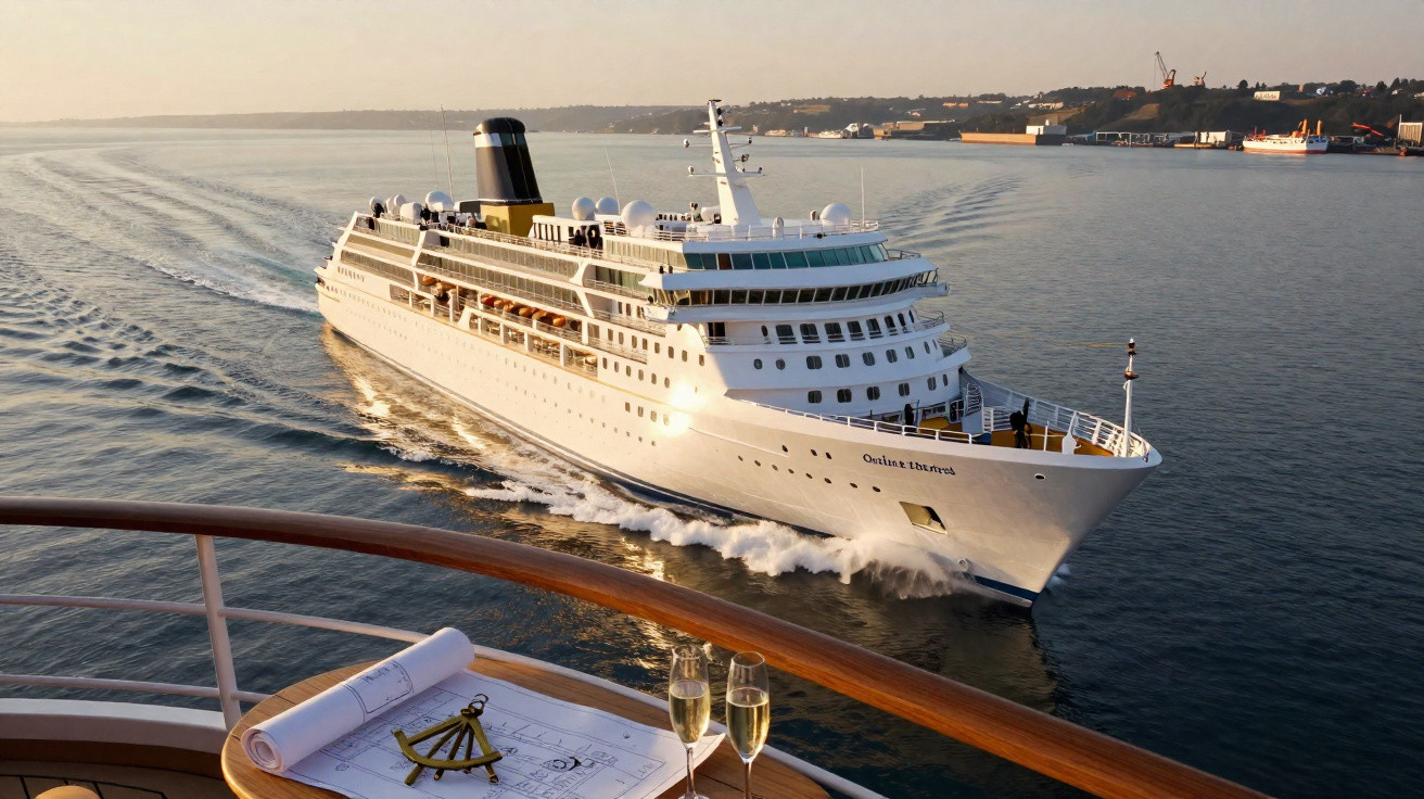 Navio de cruzeiro branco navegando próximo a costa, visto de outra embarcação ao pôr do sol.