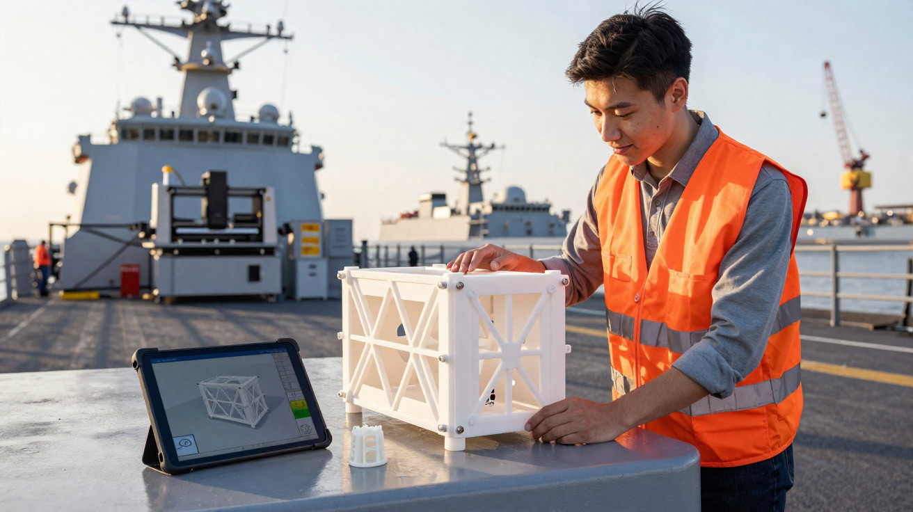 Homem com colete refletor laranja manipula modelo estrutural ao ar livre num cais junto a navios militares.