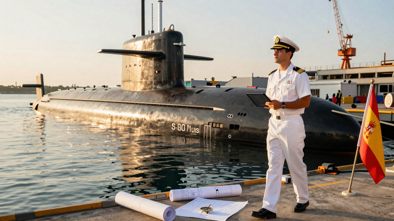 Submarino S-80 Plus junto a um oficial naval em uniforme branco num cais com bandeira de Espanha.