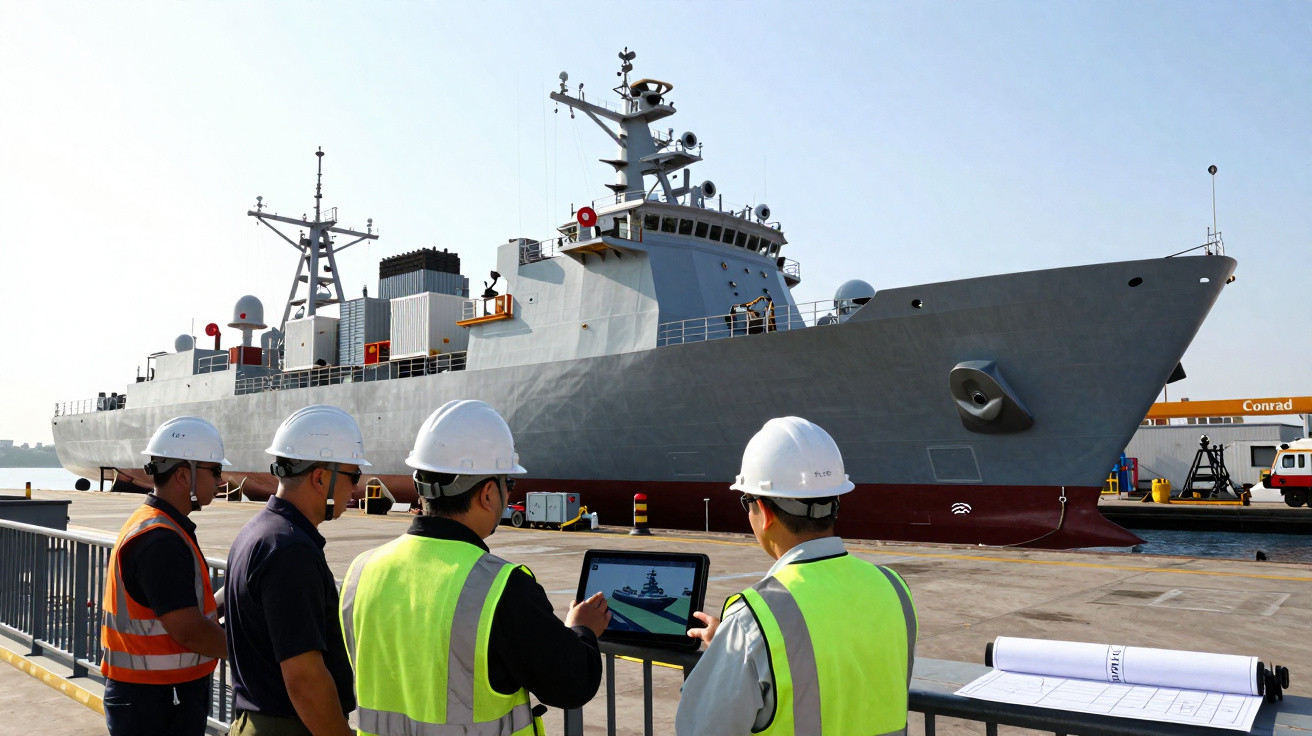 Quatro trabalhadores com capacetes e coletes refletores observam e analisam um navio militar ancorado no porto.
