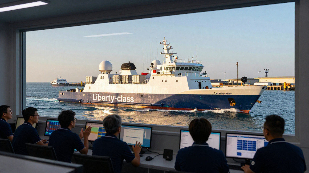 Pessoas numa sala de controlo a monitorizar um navio Liberty-class a navegar junto a um cais.